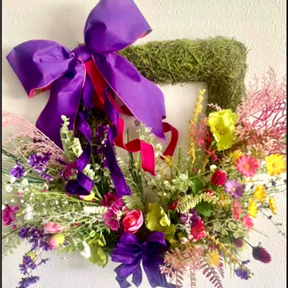 Colorful Moss Floral Wreath with Purple Bow
